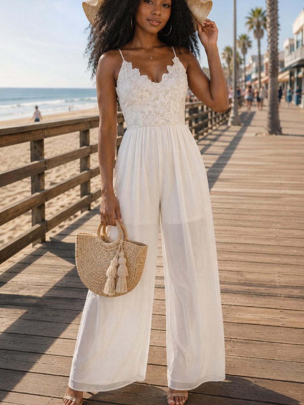 White Lace Flowing Wide Leg Jumpsuit - Picture 1 of 8